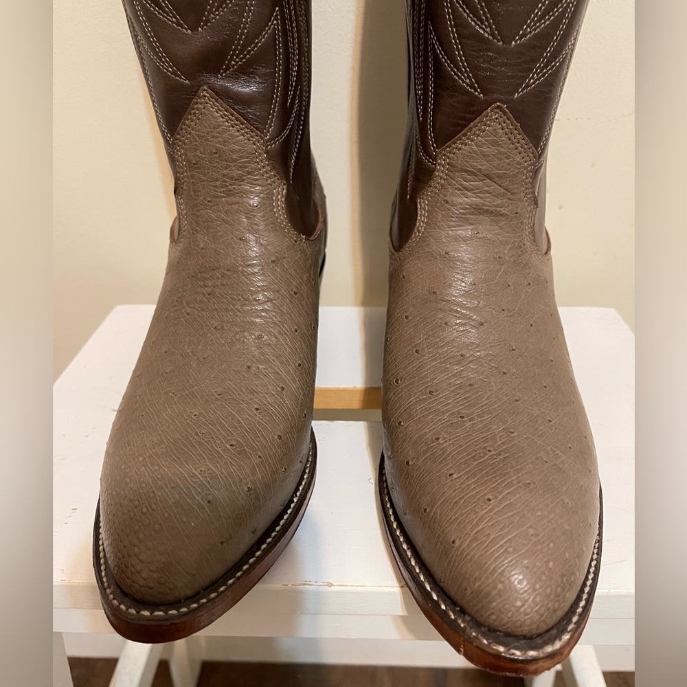 NWT Alberta Boots Gray Brown Ostrich & Cowhide Cowboy Western Boots Men Size 8.5 - Picture 9 of 10